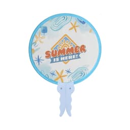A 20cm foldable fan with a light blue handle and a decorative design featuring summer themes.