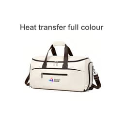 A convertible backpack duffel garment bag in cream with brown accents and a branding logo.