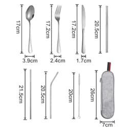 A stainless steel flatware set featuring a spoon, fork, knife, straws, and a cleaner, all in silver, with a carrying case.