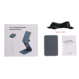 A foldable wireless charger stand in grey with a matching Type C cable. Includes a user manual and packaging.