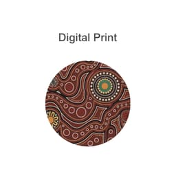 A round diatomaceous coaster featuring a vibrant digital print in earthy tones of red, green, and white.