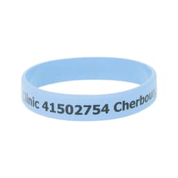 A light blue silicone wristband featuring text and a logo.