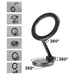 A sleek black adjustable 360° mirror with a round reflective surface and a sturdy base for stability.