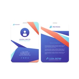 An acrylic name tag in shades of blue and orange with a logo and geometric design elements.