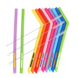 A set of reusable silicone straws in various bright colours with a cleaning brush, featuring a logo design.