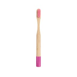 A small round handle bamboo toothbrush with a pink bristle head and pink bottom accent. It features a logo.