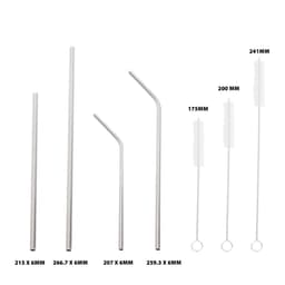 A collection of stainless steel drinking straws in various lengths and a cleaning brush, featuring a sleek silver finish.