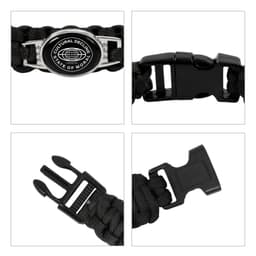 A black braided paracord bracelet featuring a themed pendant and a sturdy clasp. The bracelet includes a logo.