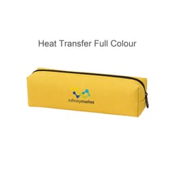 A yellow pencil case with a zip closure and a branding logo. Ideal for storing stationery items.