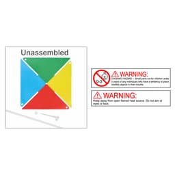 A four-leaf pinwheel in red, blue, green, and yellow, unassembled with assembly parts displayed.