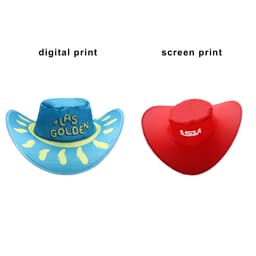 Two foldable cowboy hats: one in blue with a digital print, and one in red with a screen print, both with logos.