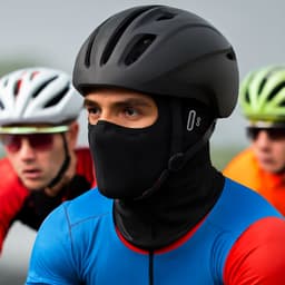 A black breathable balaclava cycling face mask worn by a cyclist, with others in the background wearing helmets.