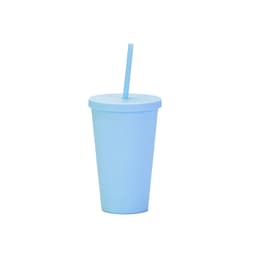 A blue matte plastic cup with a lid and straw, perfect for beverages. Features a logo on the cup.