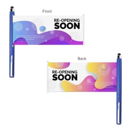 A blue banner pen featuring a double-sided design with vibrant, abstract patterns and a logo.