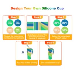 A silicone cup design guide featuring colour selection, printing options, and a handle. Includes branding.