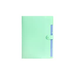 A4 expandable file folder in mint green, featuring tabs and a secure clasp closure. Includes a branding logo.