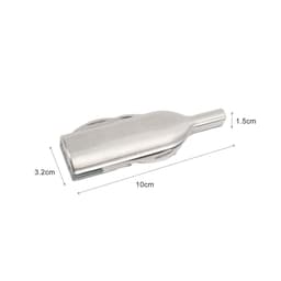 A stainless steel wine bottle opener features a sleek, streamlined design with multiple functions. It includes a logo.