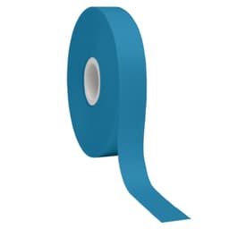 A roll of bright blue satin polyester ribbon on a white core, showing a smooth, shiny surface.