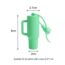 A mint green lip balm holder keychain with a handle and a secure closure, measuring 8 cm in height and 2.7 cm in width.