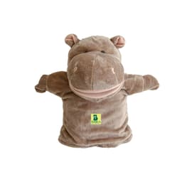 A brown hippopotamus hand puppet with a soft texture, featuring small ears and a green logo on the front.