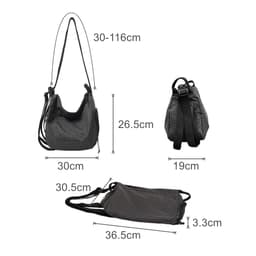 A lightweight black and white check patterned convertible backpack duffel bag with adjustable straps and various dimensions.