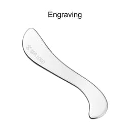 A transparent facial Gua Sha massage tool with a curved design, featuring a logo engraving on one side.