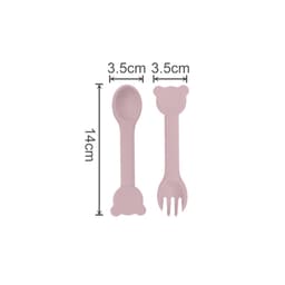 Bear-shaped silicone cutlery for kids in soft pink, featuring a spoon and fork with rounded bear heads.