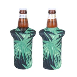 A drink bottle cooler with a tropical leaf design in green and black, featuring two bottle openings and a logo.