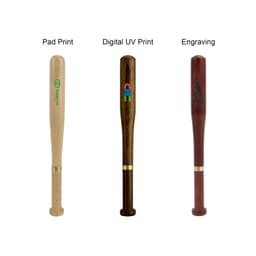 A commercial baseball bat-shaped pen in various finishes: light wood, dark wood, and polished red-brown, all with branding.