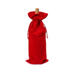 A drink bottle bag in bright red flannel with a drawstring closure and a cork top. It features a logo.
