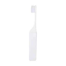 A foldable travel toothbrush in white, featuring a compact design and a protective case.
