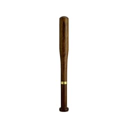 A brown baseball bat-shaped pen with a gold band near the base and a logo on its surface.