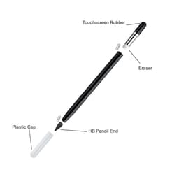 A black 3-in-1 pencil features a touchscreen rubber tip, eraser, and an HB pencil end, with a plastic cap.