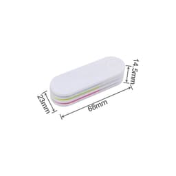 A foldable nail file block in white with green, pink, and yellow layers, measuring 68mm by 23mm by 14.5mm.
