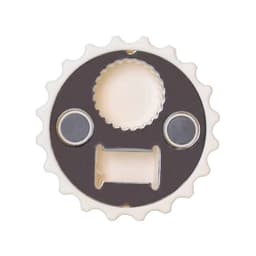 A drink bottle opener with a circular design, featuring a grey and cream colour scheme and a logo.