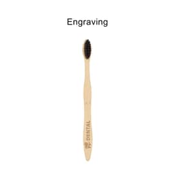 A large toothbrush with a wavy handle, featuring a wooden handle and black bristles. Includes a logo on the handle.