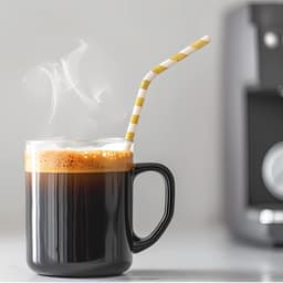 A drink bottle filled with hot coffee, featuring a yellow and white striped disposable 3-ply bendable drinking straw.
