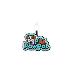 A custom felt hanging tag featuring a cheerful dog design in turquoise, black, and brown colours. It has a loop for hanging.