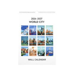A vertical wall calendar featuring colourful illustrations of iconic cityscapes from around the world.