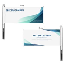A promotional pen featuring a silver barrel and a retractable banner with a blue and white abstract design.