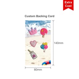 A custom backing card featuring illustrations of a crown, ice cream, heart, drink bottle, and balloons on a beach background.