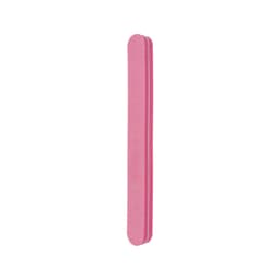 A pink sponge straight shape nail file with stripes, featuring a branding logo.