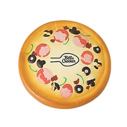 A pizza-shaped stress reliever featuring a variety of toppings, with a yellow crust and a logo in the centre.