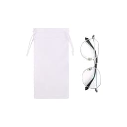 A white RPET lens pouch beside a pair of round, silver-framed glasses. The pouch has a drawstring closure and a logo.