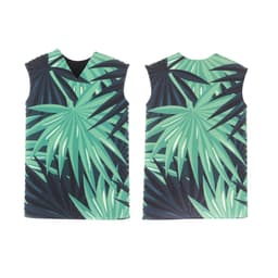 A drink bottle cooler featuring a green tropical leaf design with a sleeveless shape and a black interior.