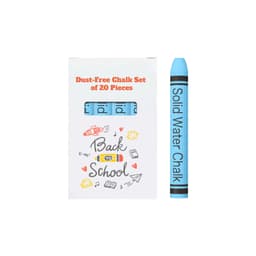 A box containing a set of 20 blue dust-free chalk sticks, with a design featuring school-related illustrations.