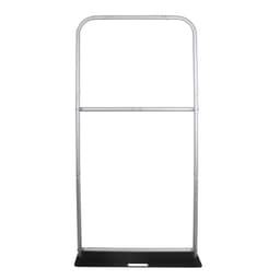 A silver dispenser stand with a black base, featuring a simple, sturdy design. It includes a logo on the side.