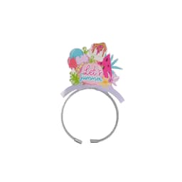 A headband featuring a colourful summer-themed topper with ice cream, fruit, and floral designs. Includes a logo.
