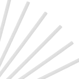 A collection of white disposable 3-ply straight drinking paper straws arranged in a fan-like pattern.