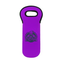 A drink bottle cooler in vibrant purple with a handle and a black logo on the front.